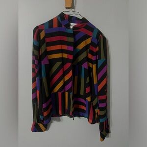 Vintage 80s Mary West French Multicolor Striped Women's Button Down Silky Blouse